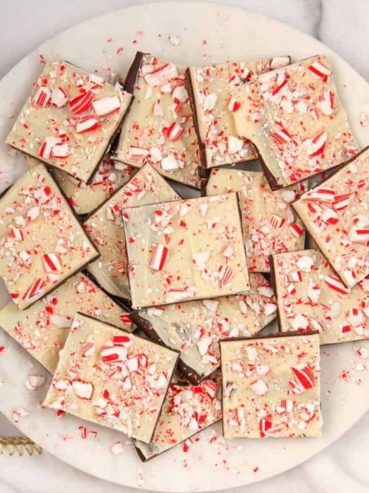 Peppermint bark on a marble tray