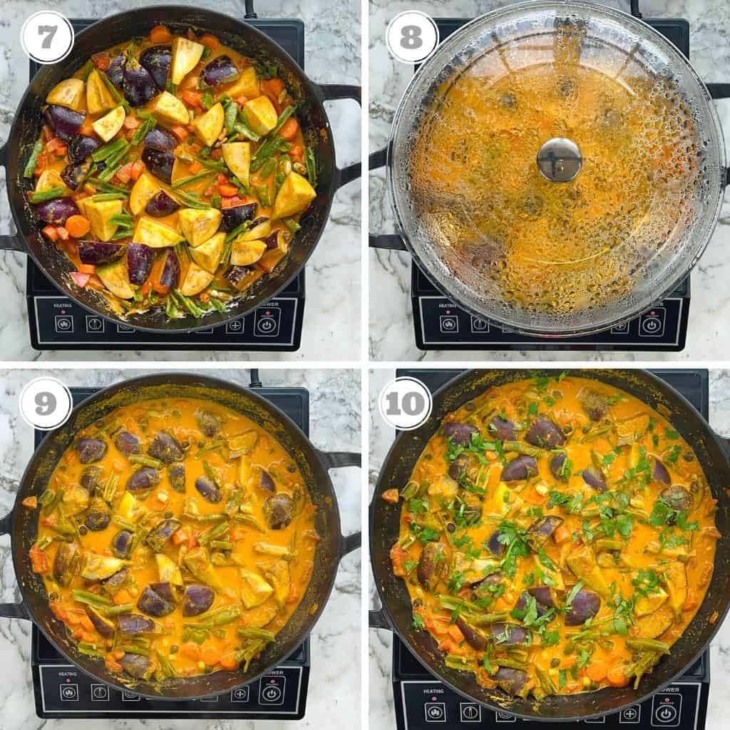 photos seven through either showing bhogi chi bhaji cooked in a pan.
