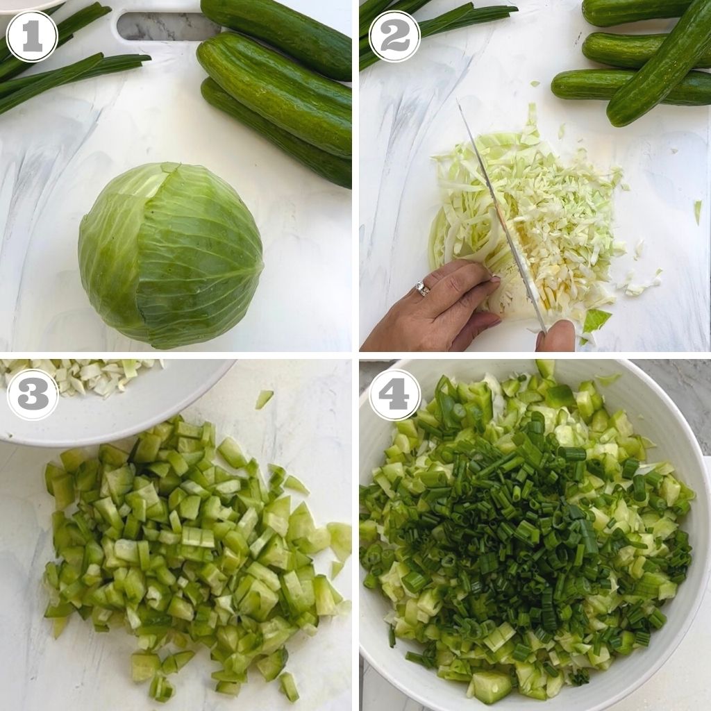 photos one through four showing chopped cabbage, cucumbers and scallions 