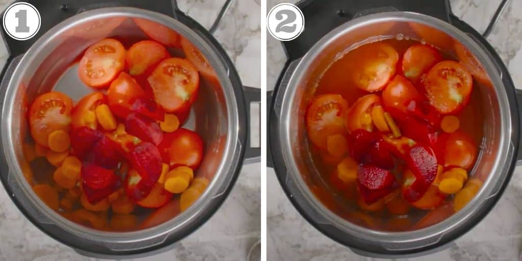 Photos one and two showing tomato beet soup ingredients in the Instant Pot 