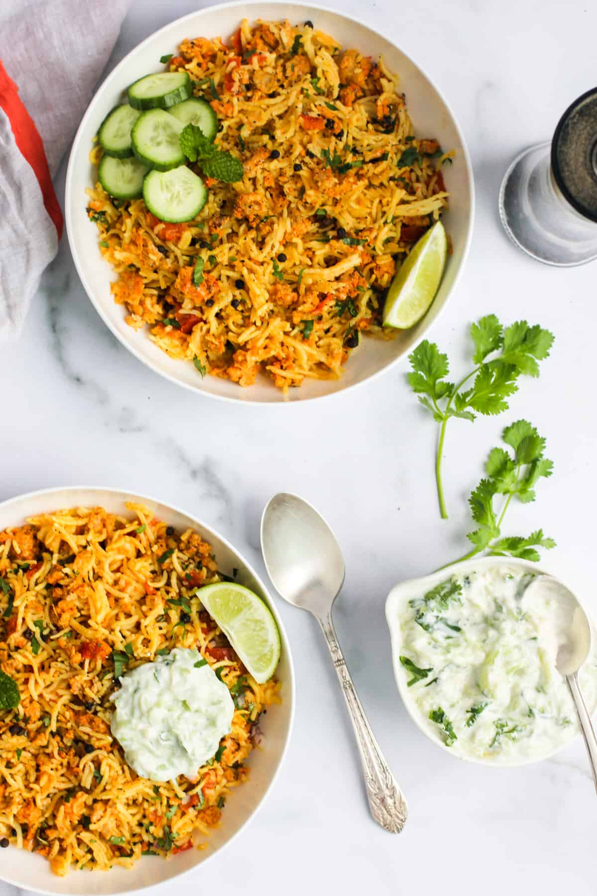 Kheema Pulao served in two white bowls