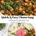 A bowl of chana saag (chickpeas and spinach in curry) with rice, pickled onions, cilantro, and a lime wedge, shown both close-up and served in a bowl.