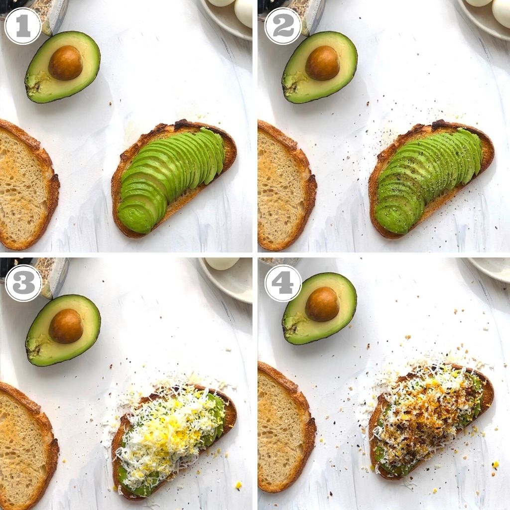photos one through four showing how to make an avocado toast with egg
