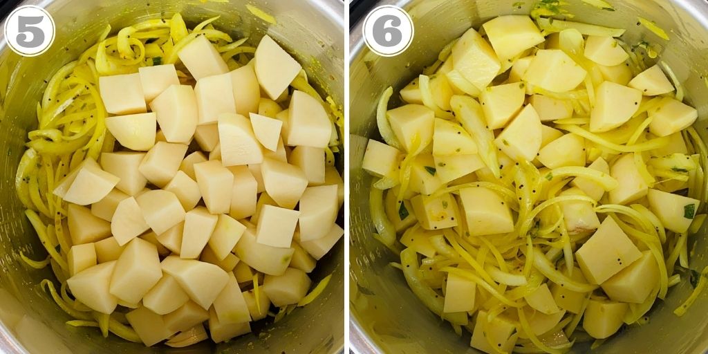 photos give and six showing sautéed onions and potatoes in Instant Pot 