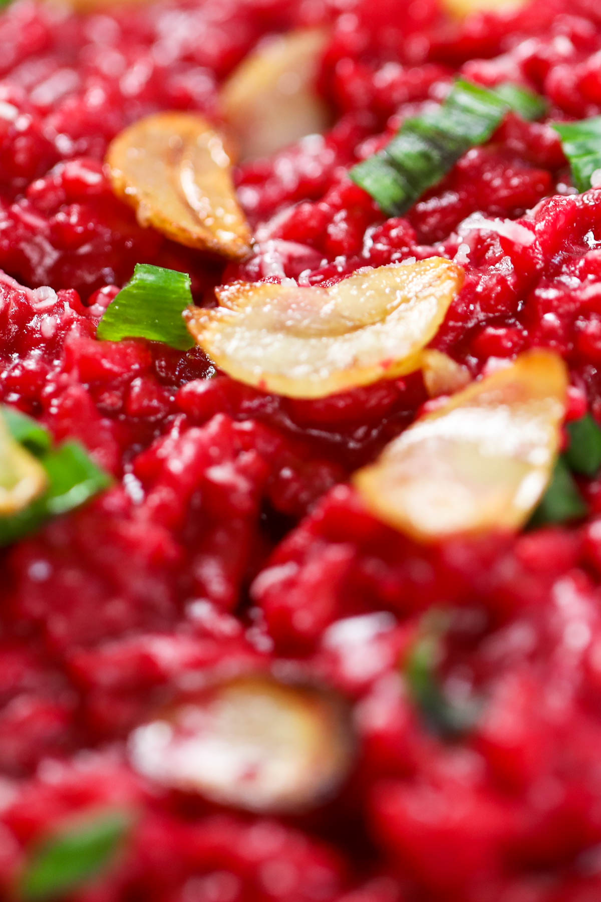 close up photo of beet risotto garnished with fried garlic and scallions 