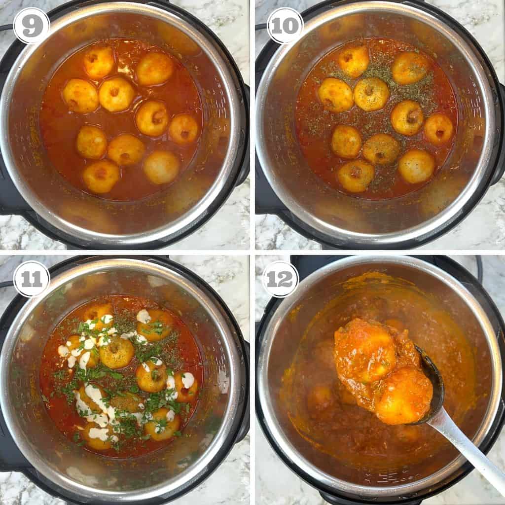 Photos nine through twelve showing cooked and garnished dum aloo curry in the Instant Pot 