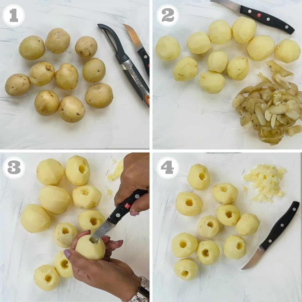photos one through four showing how to peel and core baby potatoes 