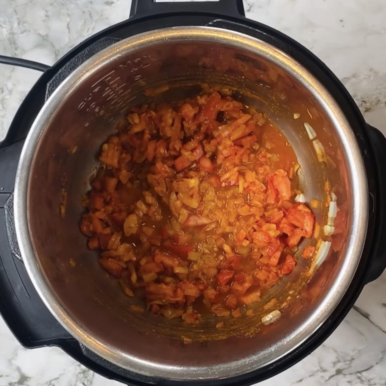 Chopped tomatoes and onions cooked in an Instant Pot