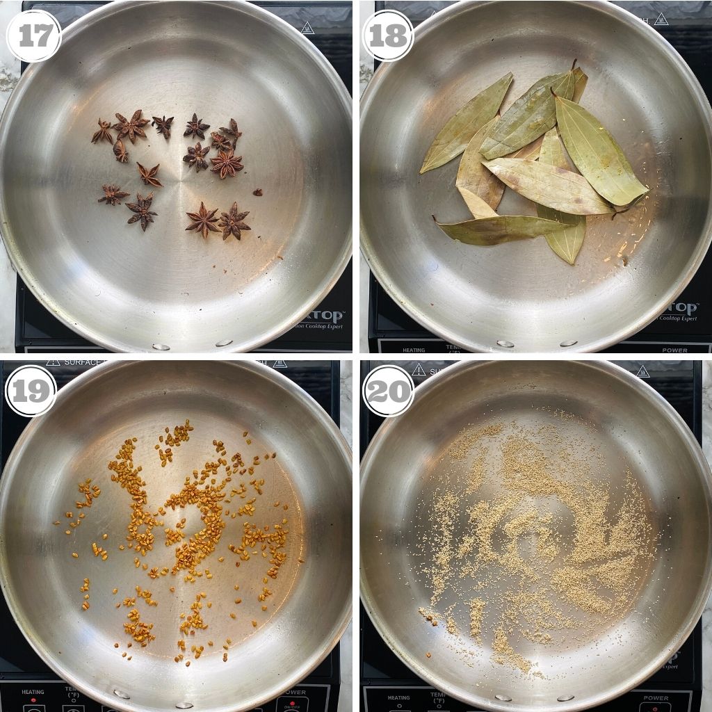 photos seventeen though twenty showing how to roast star anise, bayleaves, fenugreek seeds and poppy seeds 
