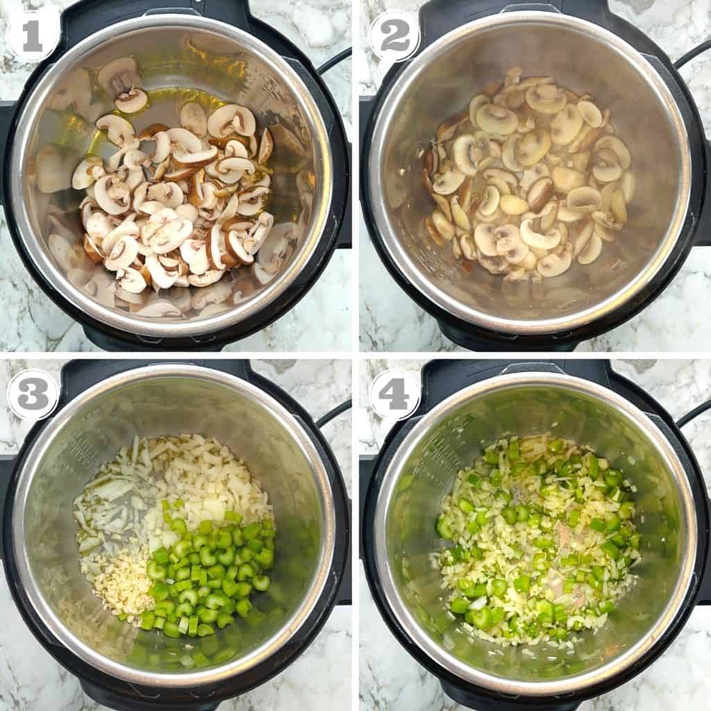 photos one through four of sauteeing mushroom and aromatics in the Instant Pot 
