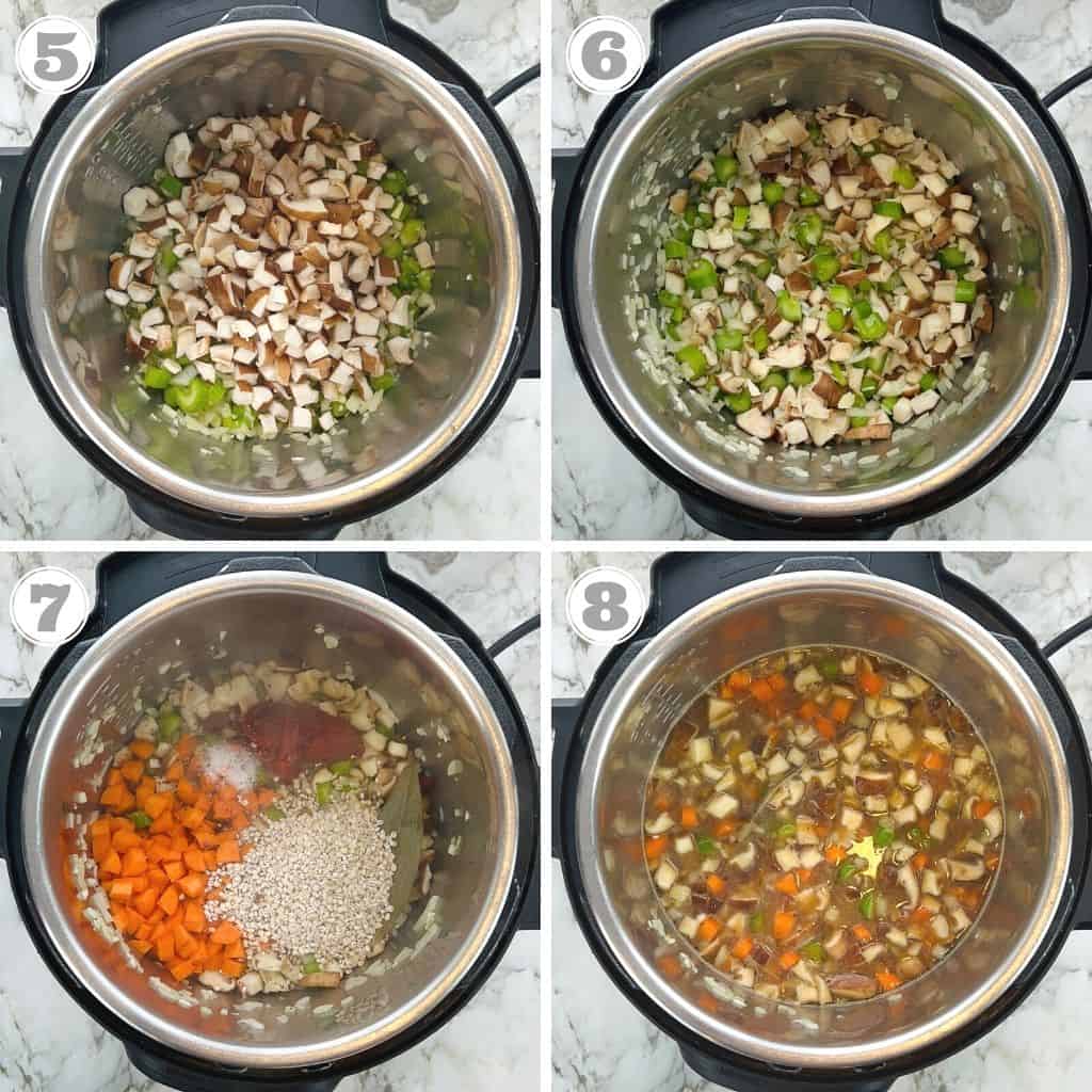 photos five though eight showing how to make mushroom barley soup in the Instant Pot 