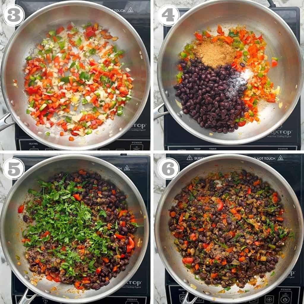 photos three through six showing how to make black bean filling 