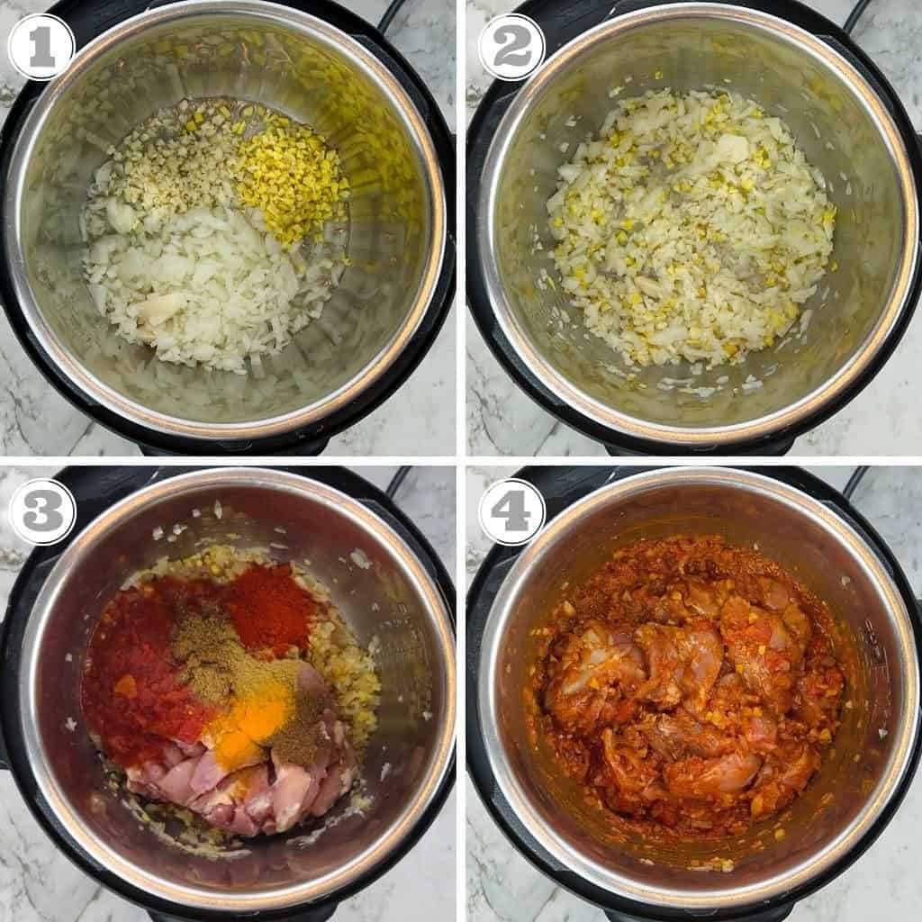 photos one through four showing how to make chicken karahi in the Instant Pot 