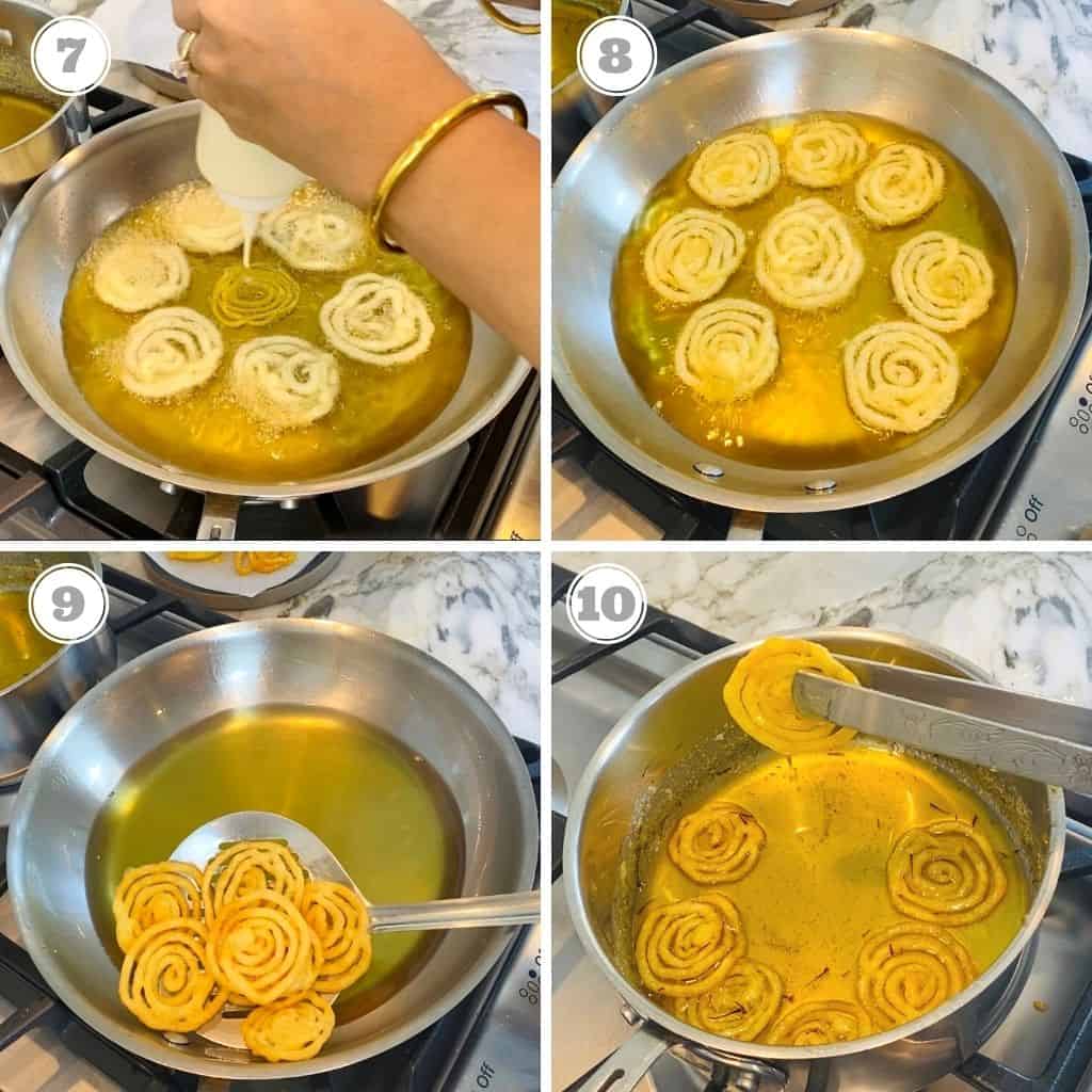 photos seven through ten showing how to fry Jalebi and adding to syrup 