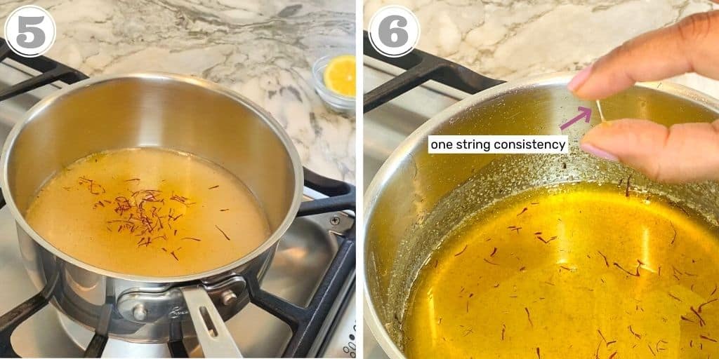 photos five and six showing how to make one string consistency sugar syrup for Jalebi 