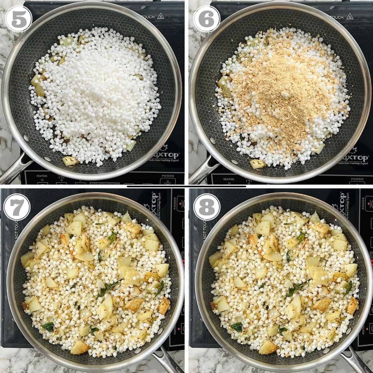 photos five through eight showing how to cook sabudana khichdi