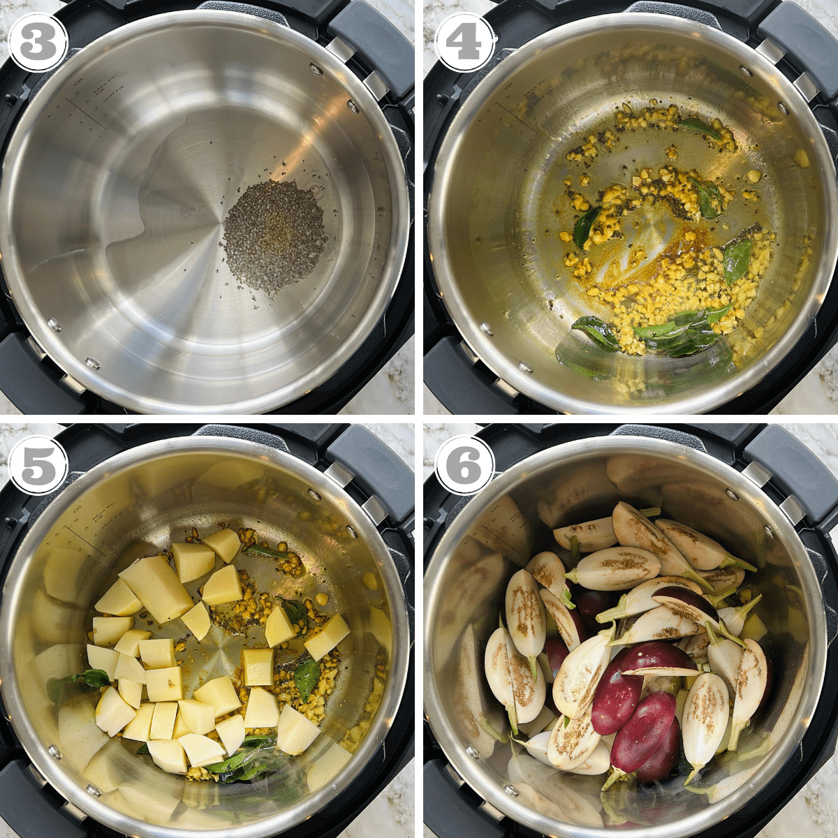 steps one through four showing how to cook eggplant and potato curry in the Instant Pot 