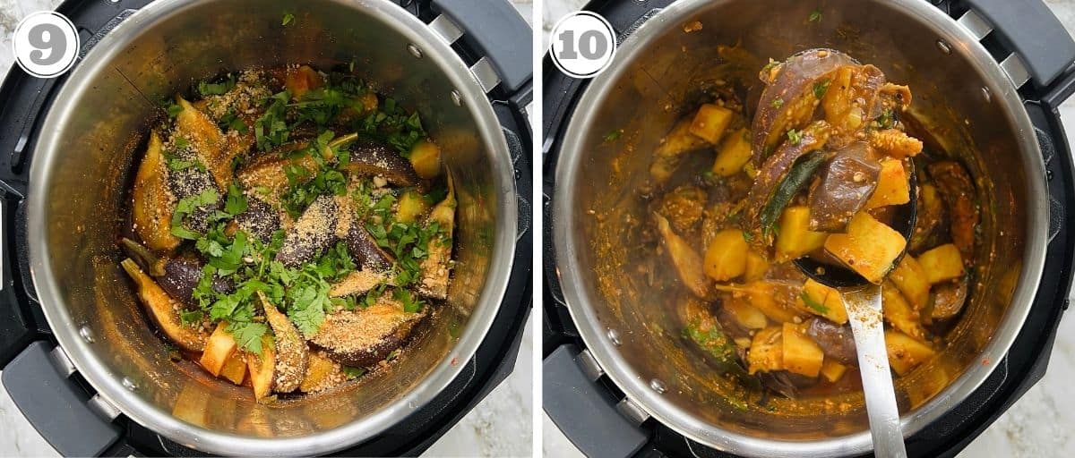 steps nine and ten showing cooked and garnished eggplant and potato curry
