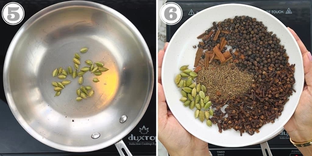 photos five and six showing roasting cardamom and roasted spices in a bowl 
