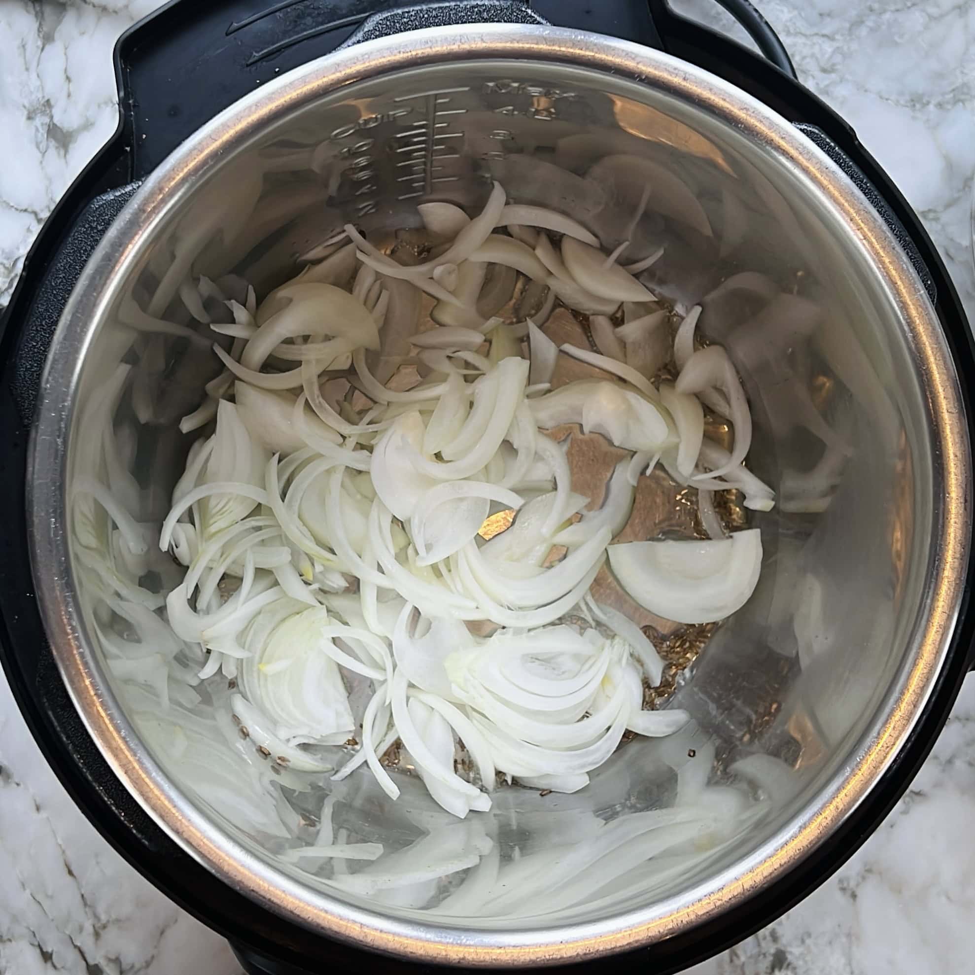 sliced onions added to Instant Pot.
