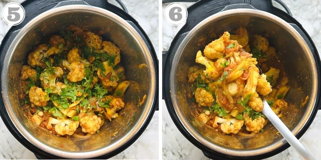 photos five and six showing cooked and garnished aloo gobhi in the Instant Pot 