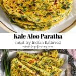 Stack of golden-brown kale aloo parathas on a plate, with another plate showing parathas cut into triangles, garnished with green chilies.