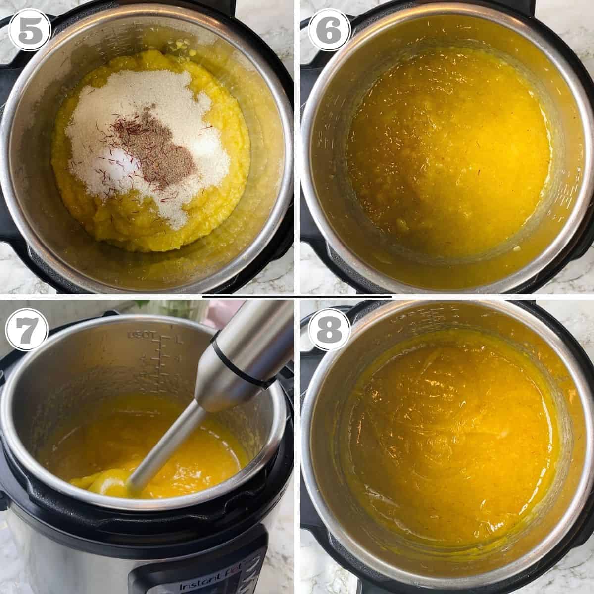 photos five through eight showing cooked mango pulp concentrate in the Instant Pot 