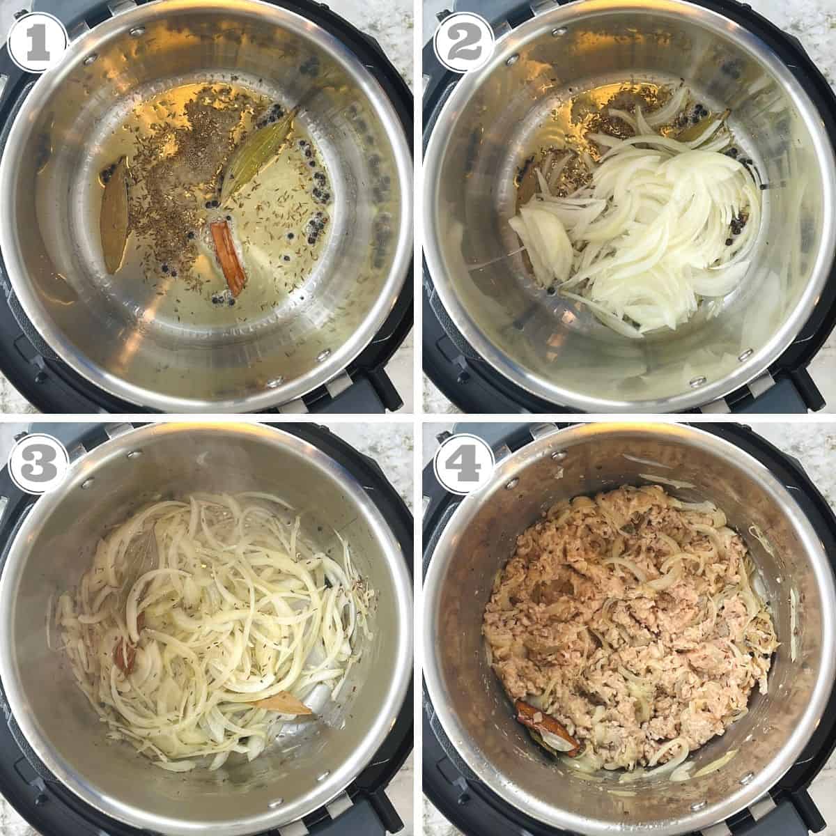 photos one through four showing sauteeing spices, onions and minced chicken 
