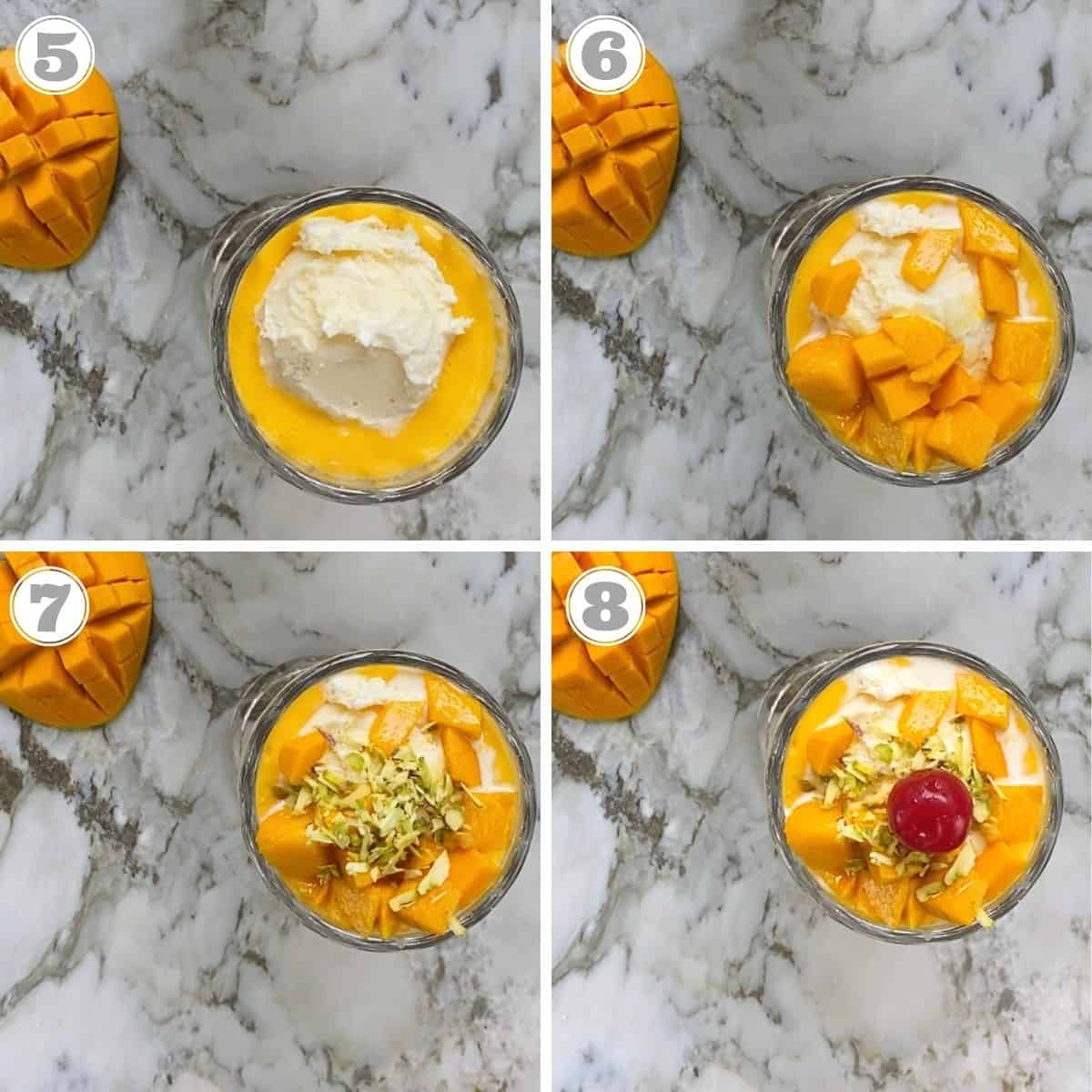 photos five through eight showing how to assemble mango mastani 