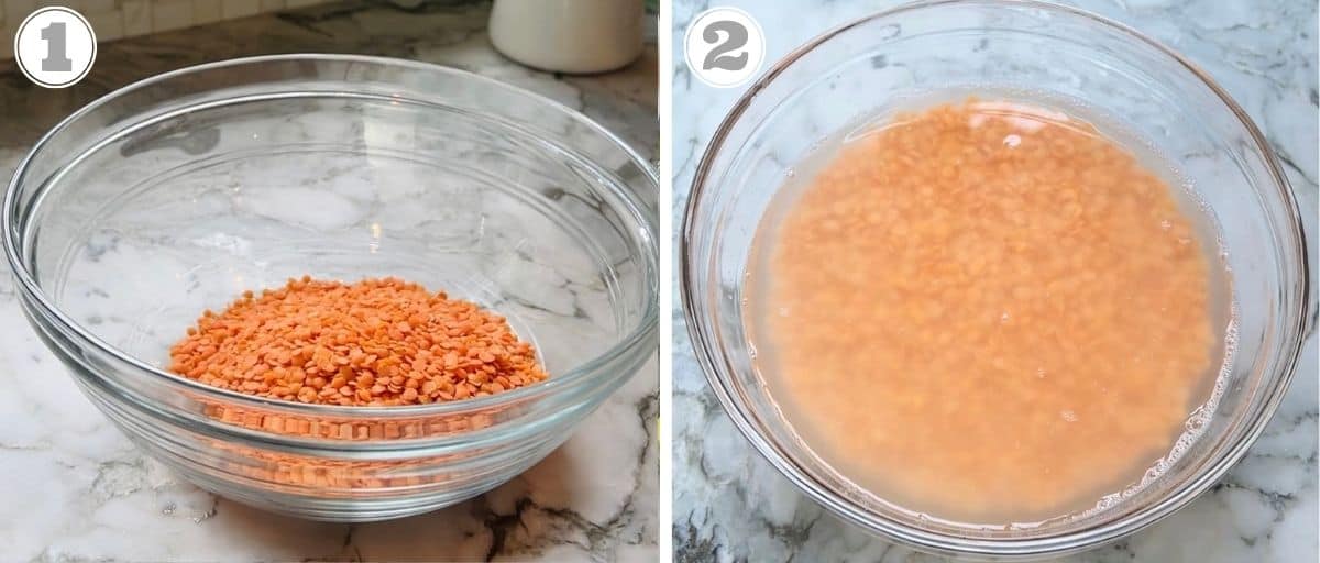 photos one and two showing how to soak masoor dal 