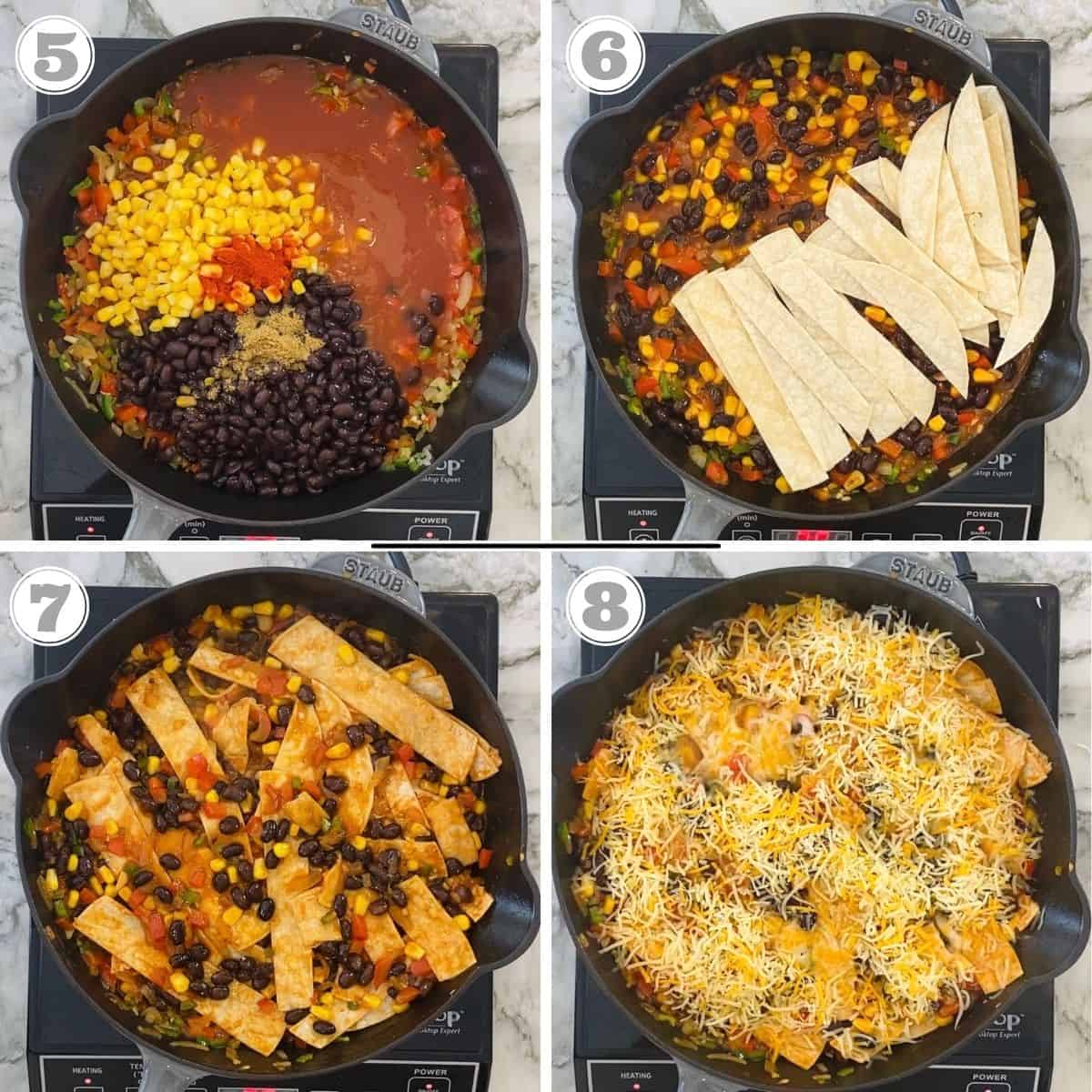 steps five through eight showing adding of corn, beans, tortilla strips and cheese 