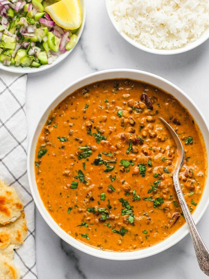 dal makhani in a bowl with rice
