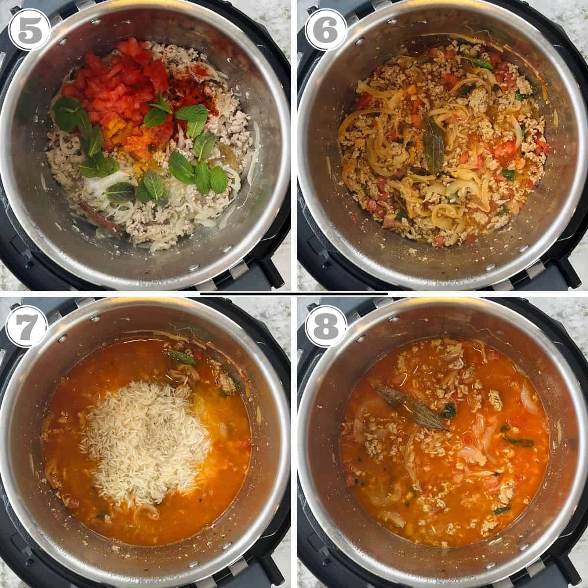 photos five through eight showing how to make kheema pulav in the Instant Pot 