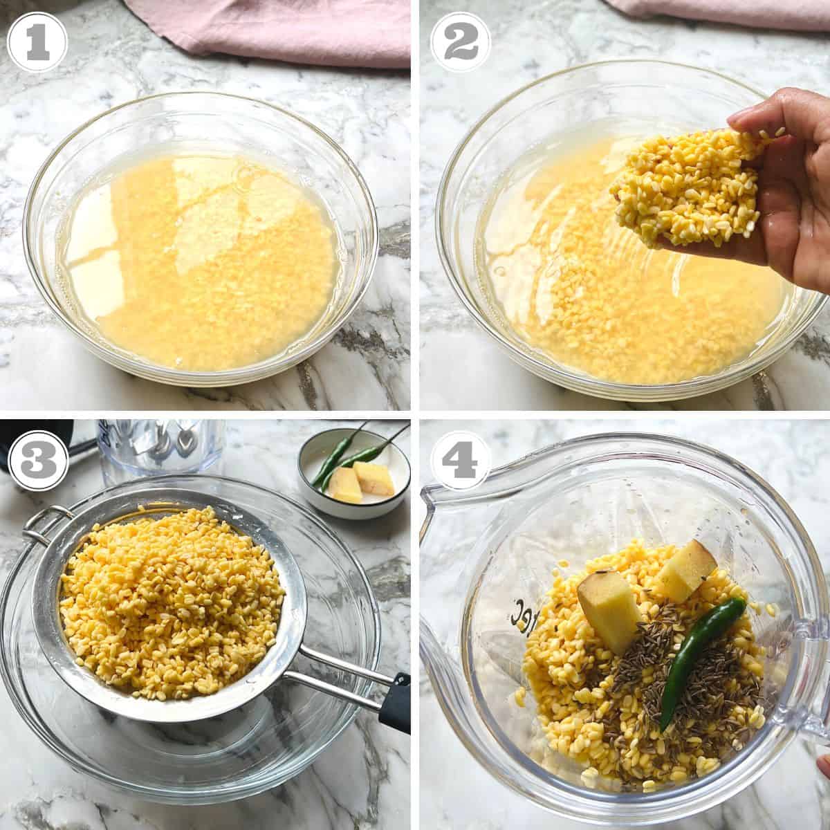 photos one through four showing how to make mug dal chilla batter 