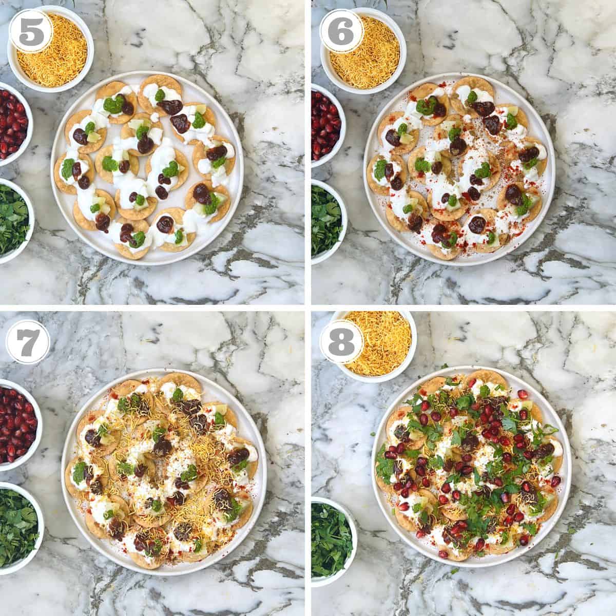 photos five through eight showing how to assemble papdi chat