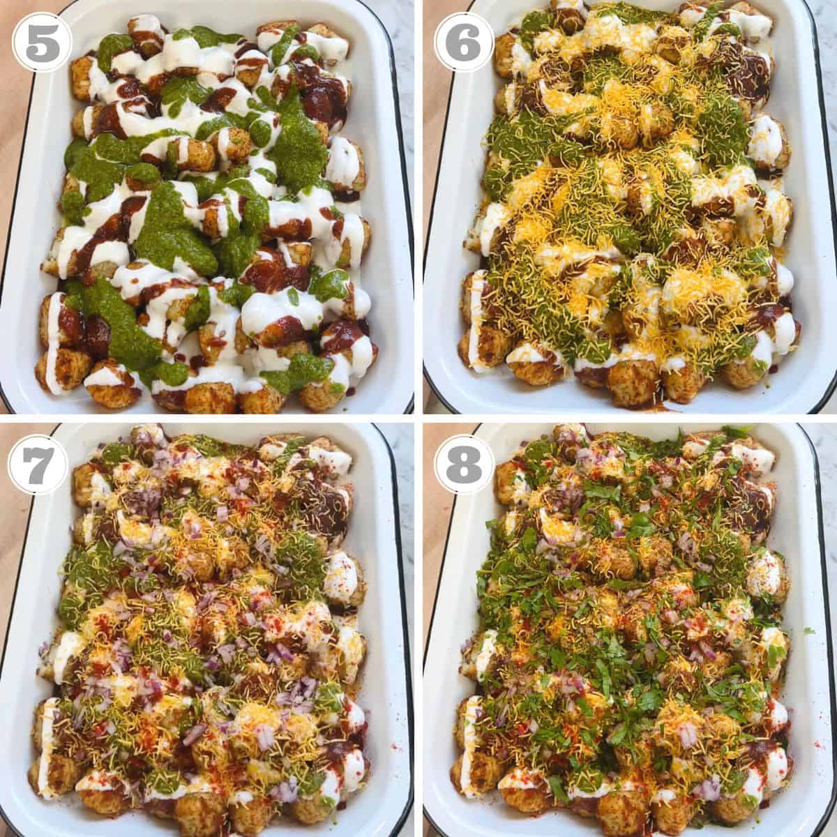 photos five through eight showing assembling of aloo chaat 