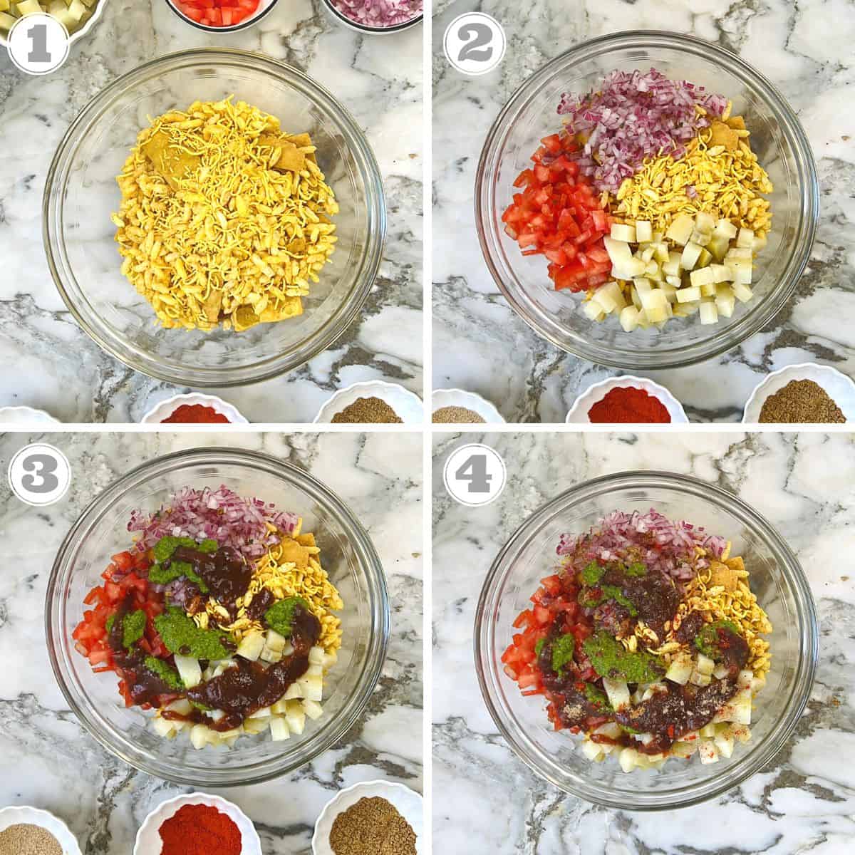 photos one through four showing how to make bhel 