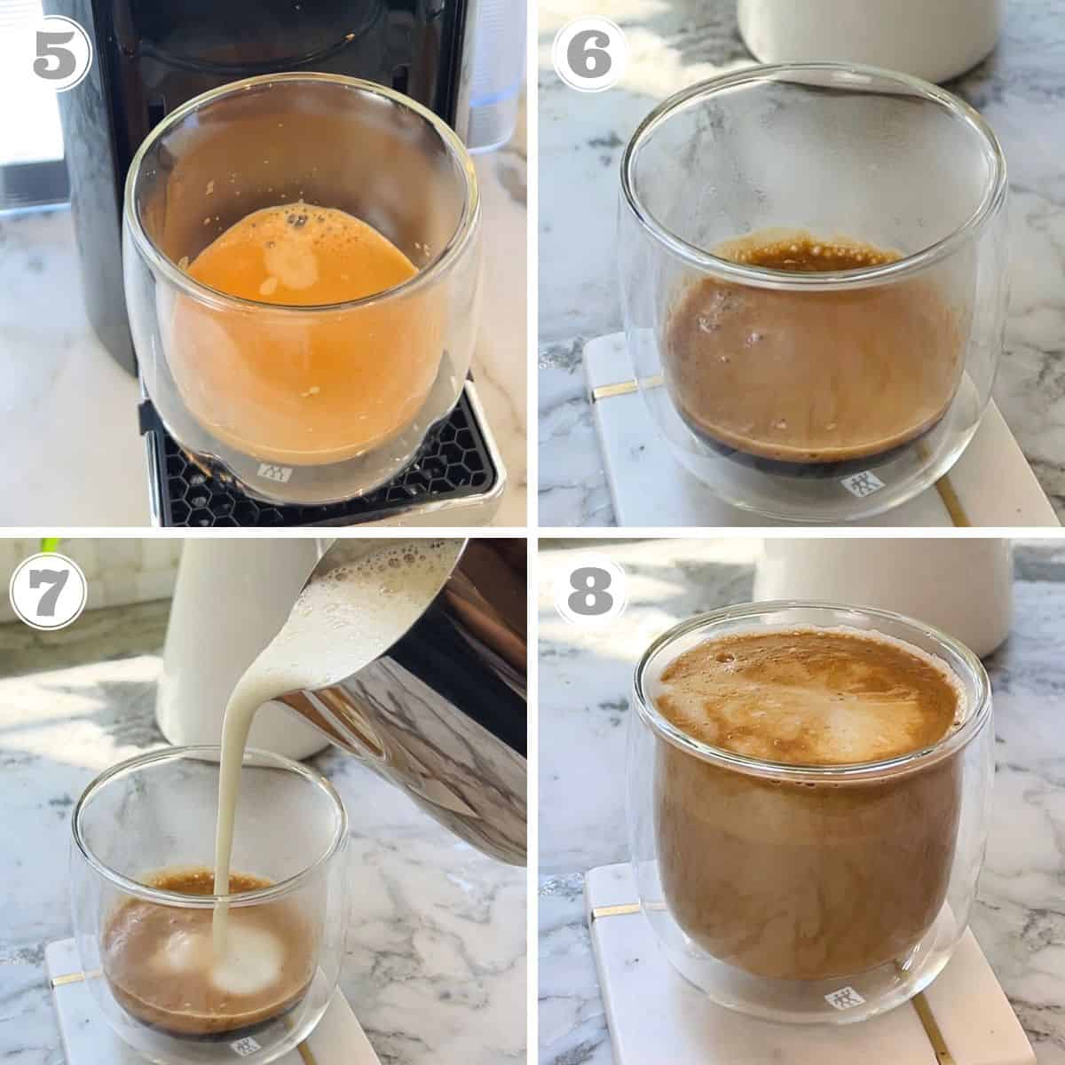 Photos five through eight showing steamed milk poured over espresso 