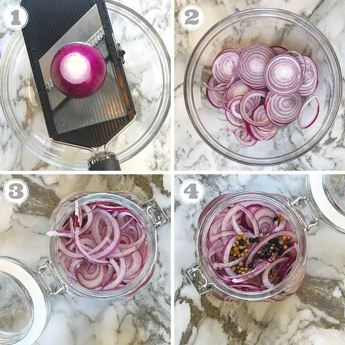 mandolin sliced red onions added to a jar with spice brine 