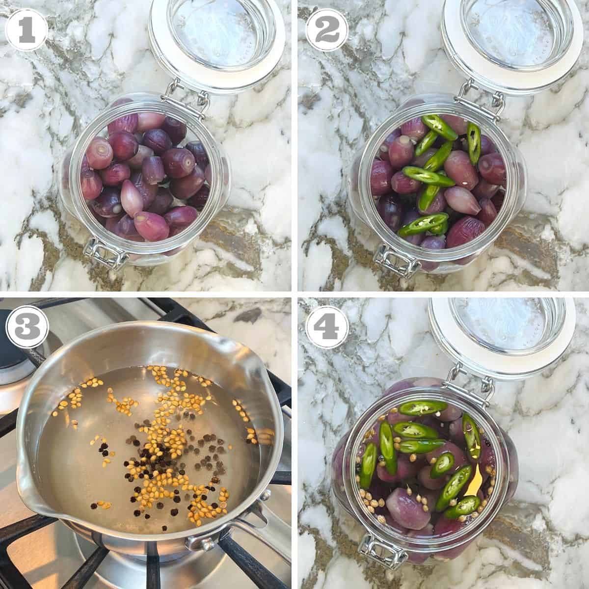 photos one though four showing how to make pickled pearl onions
