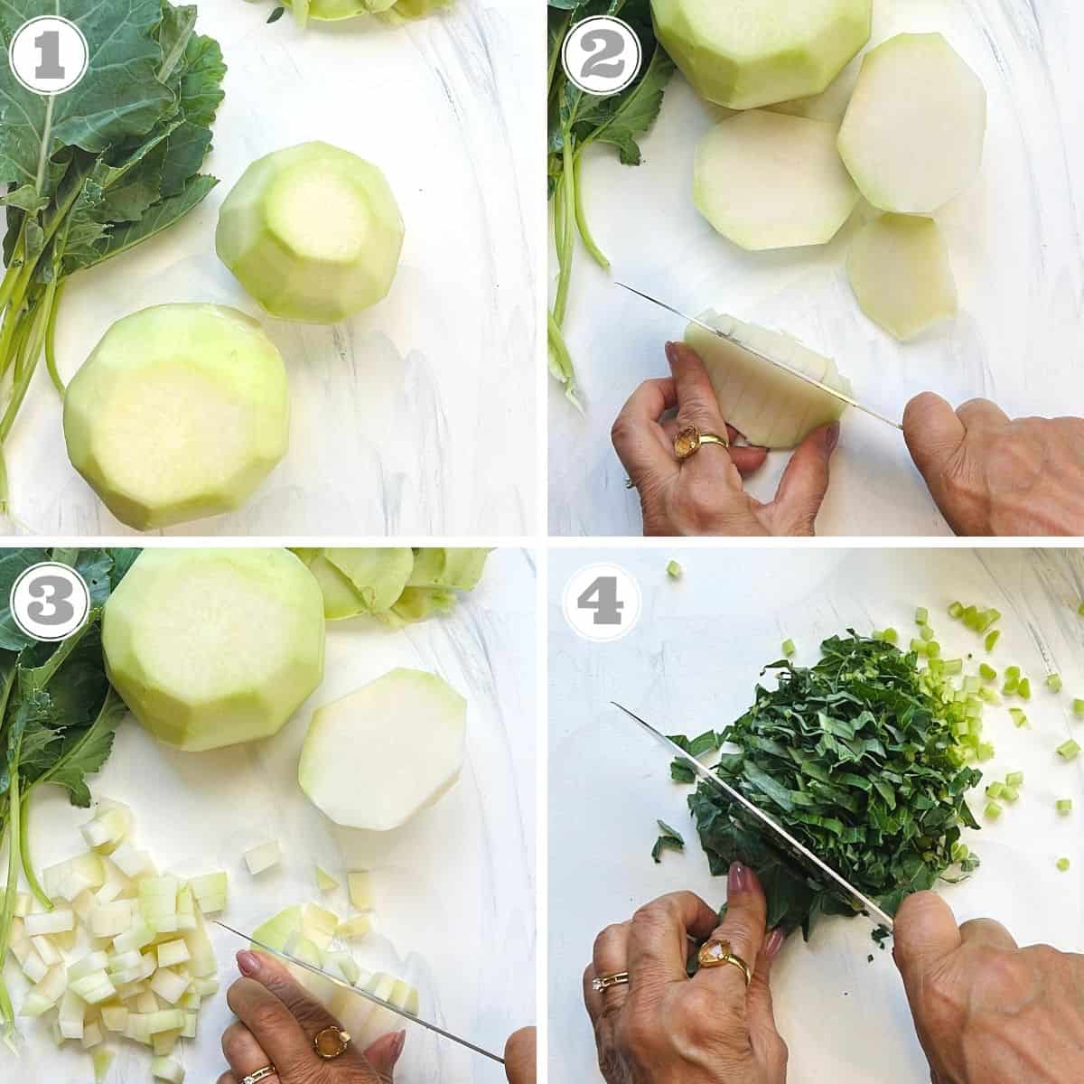photos one through four showing how to prepare kohlrabi 