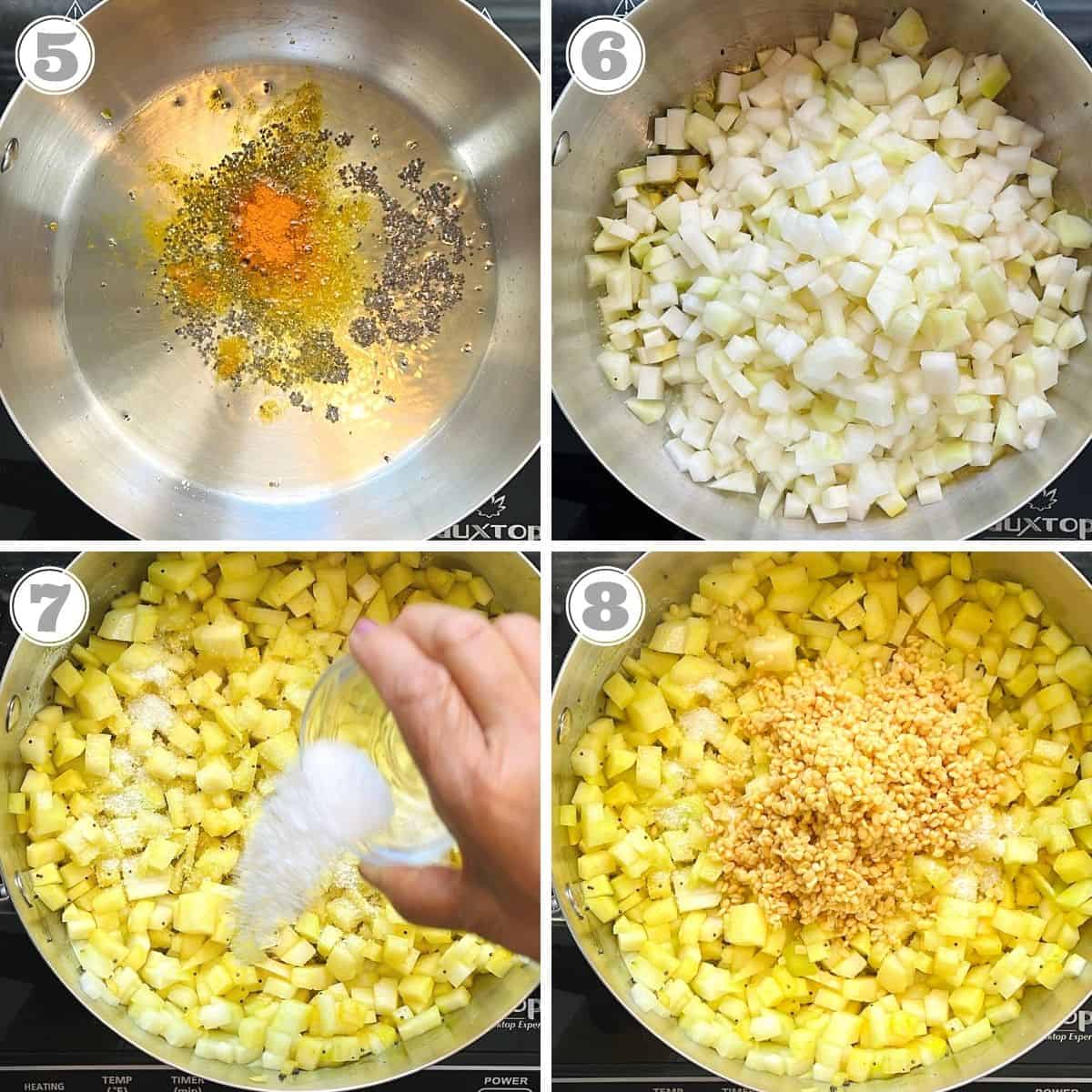 photos five through eight showing how to stir fry kohlrabi 