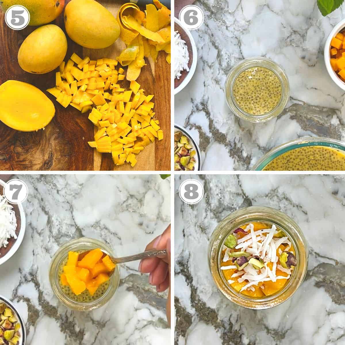 photos five through eight showing how to serve chia pudding 