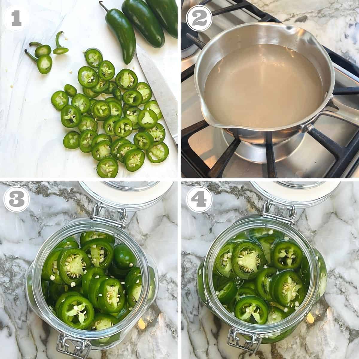 step one through four showing how to make pickled jalapeños 