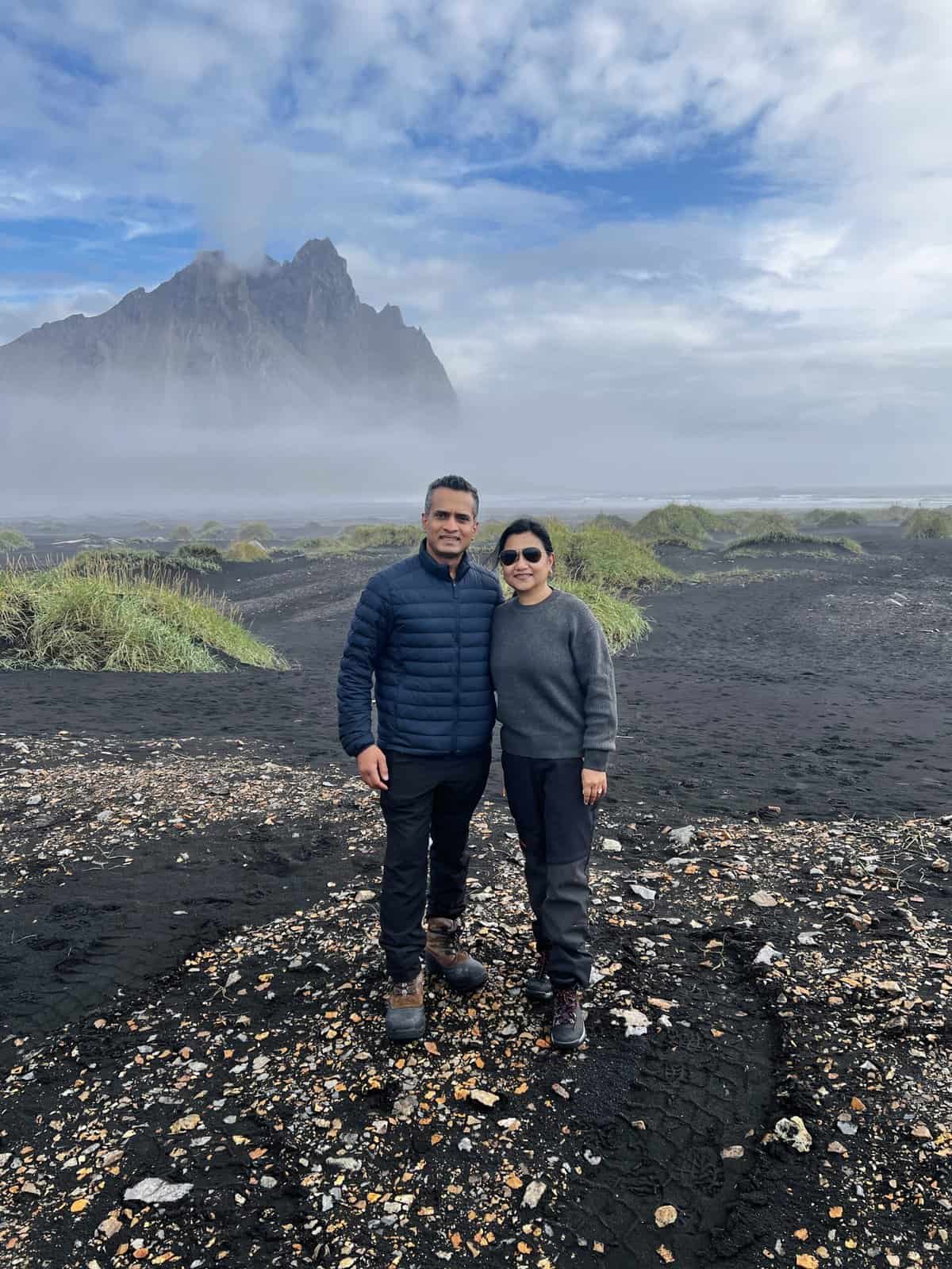 Photo in front of Mountains in Vestrahorn Iceland 