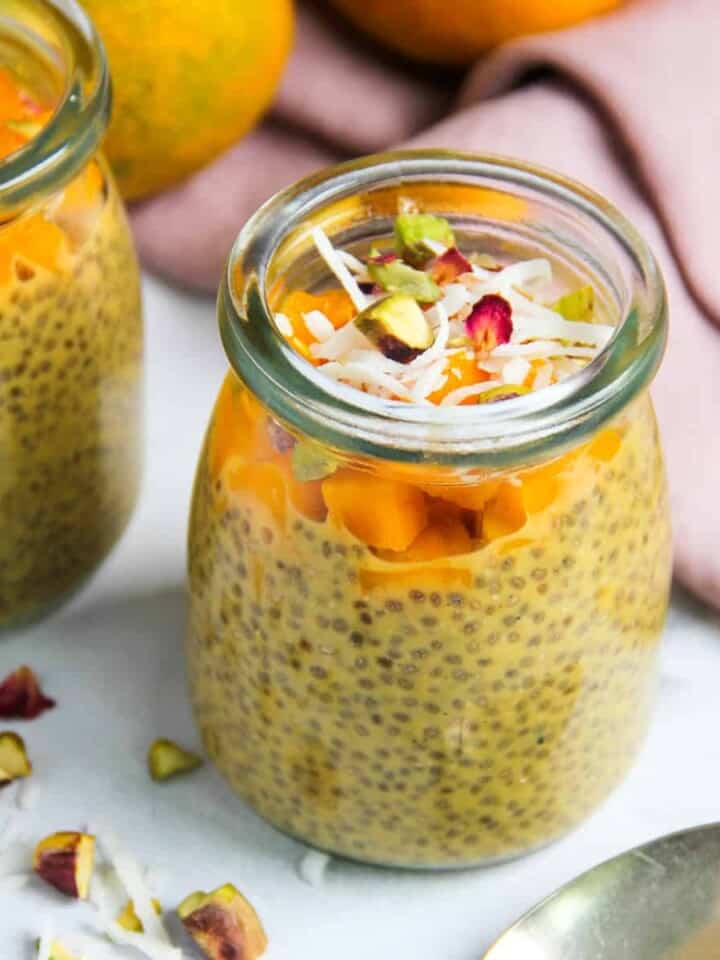 mango chia pudding in a glass jar