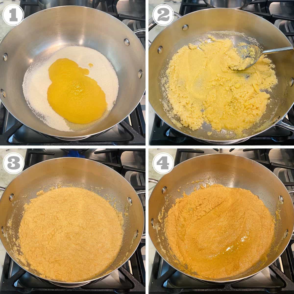 photos one through four showing how to roast sooji with ghee