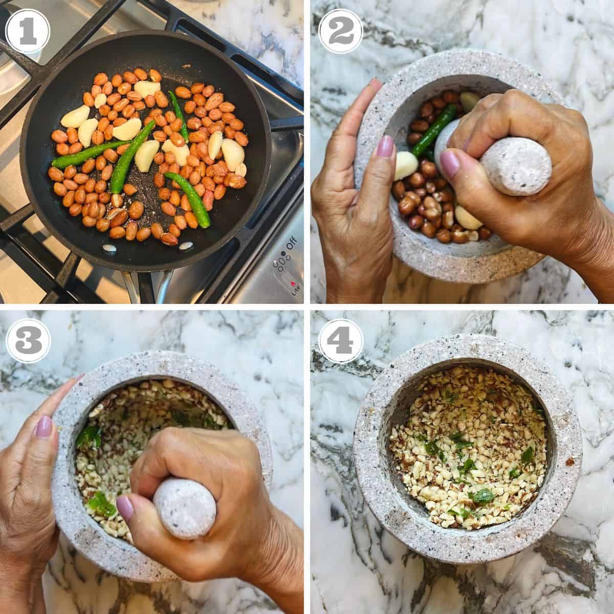 steps one through four showing how to make peanut thecha 