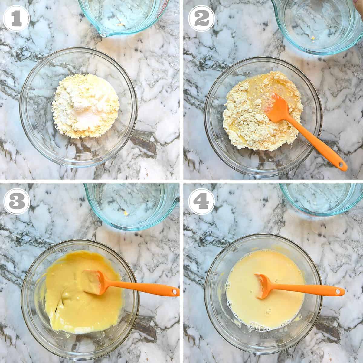 photos one through four sowing how to make gram flour batter 