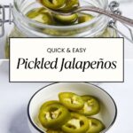 pinterest pin with photo collage of pickled jalapenos.